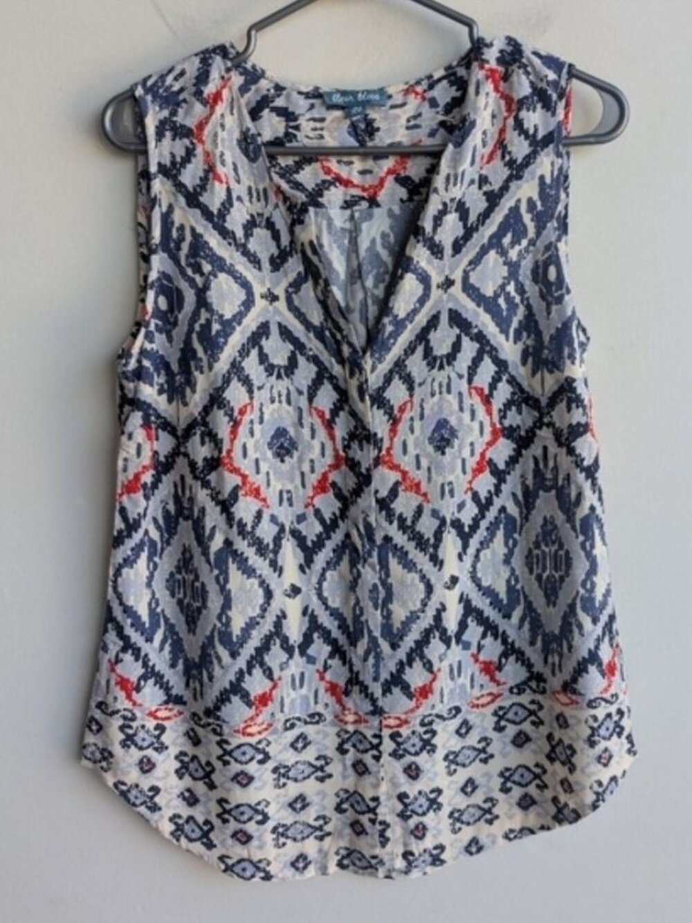 Fleur Bleue Ikat Print Button Down Sleeveless Top
